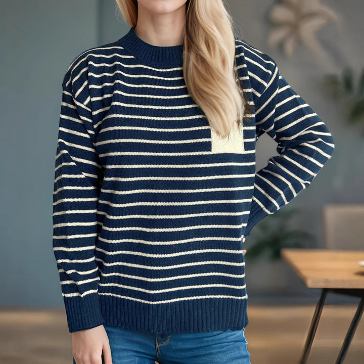Damen lässiger Strickpullover mit breitem Streifenmuster und überschnittenen Schultern Drune