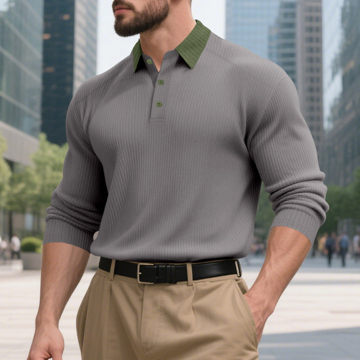 Herren elegantes Langarm-Polohemd mit strukturiertem Design und modischem Kragen Drune