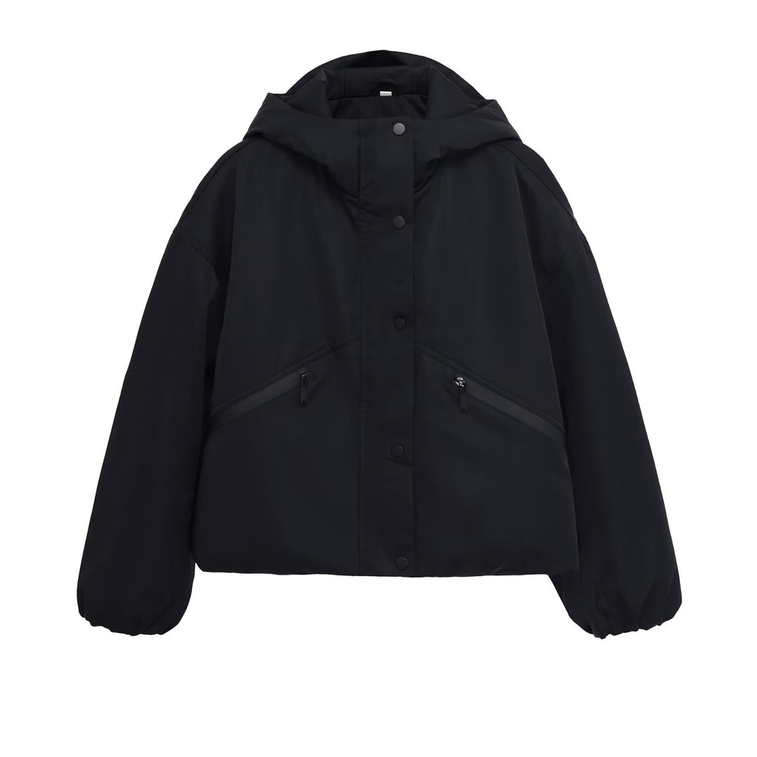 Damen Kurze boxy Funktionsjacke mit Kapuze, wattierter Isolierung und diagonalen Reißverschlusstaschen Drune
