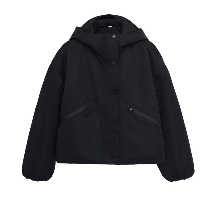 Damen Kurze boxy Funktionsjacke mit Kapuze, wattierter Isolierung und diagonalen Reißverschlusstaschen Drune