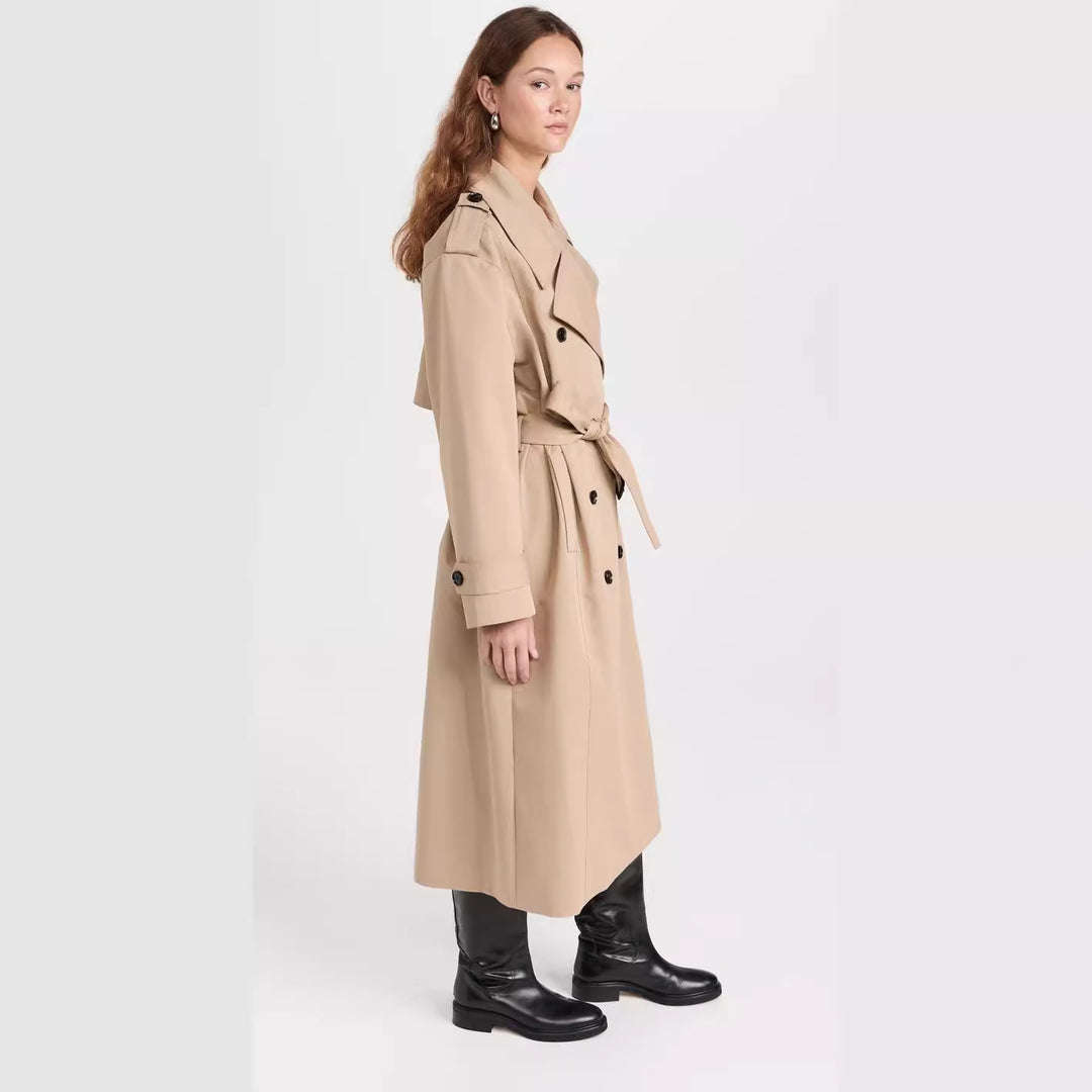 Damen Langer Trenchcoat aus Baumwollmix mit doppelreihiger Knopfleiste, Taillengürtel und Schulterklappen Drune