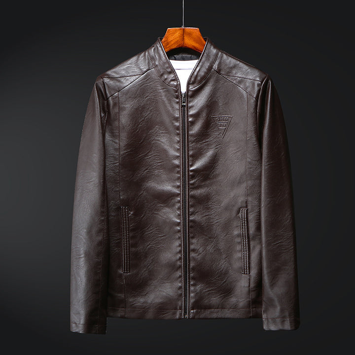 Herren Schlanker Kunstleder-Zipblouson mit minimalistischem Stehkragen und Doppelnahtdetails Drune