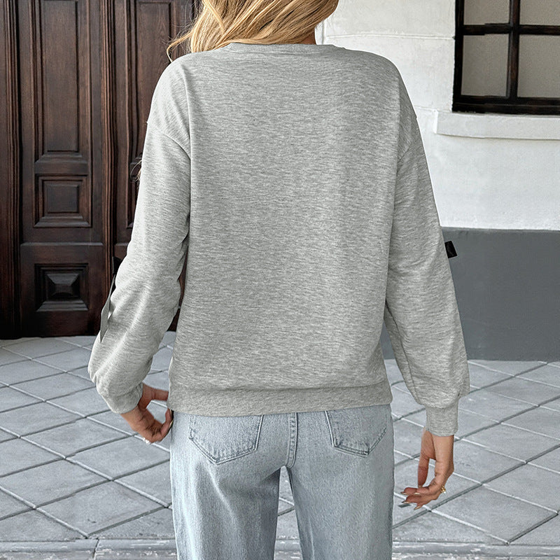 Damen Sweatshirt mit Satin‑Schleifenbesatz und Rundhalsausschnitt Drune