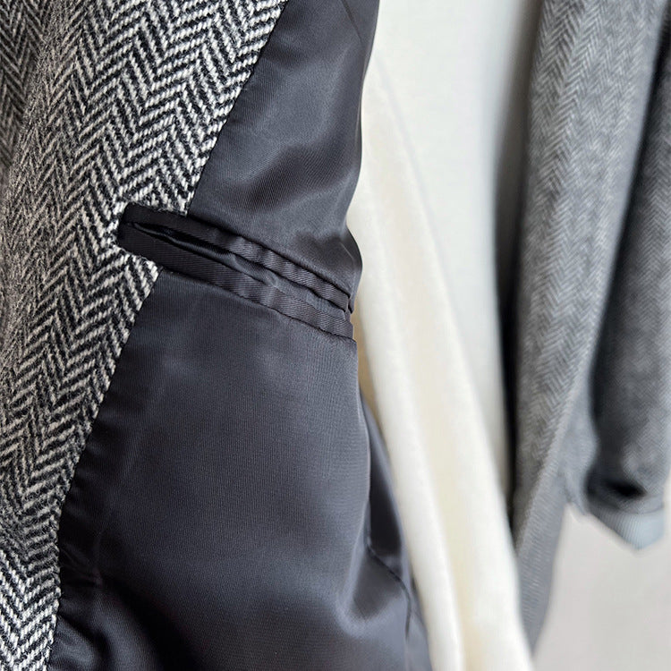 Damen Lockere Wollmix-Blazer im Fischgrät-Tweed mit Kontrast-Ellenbogenpatches Drune