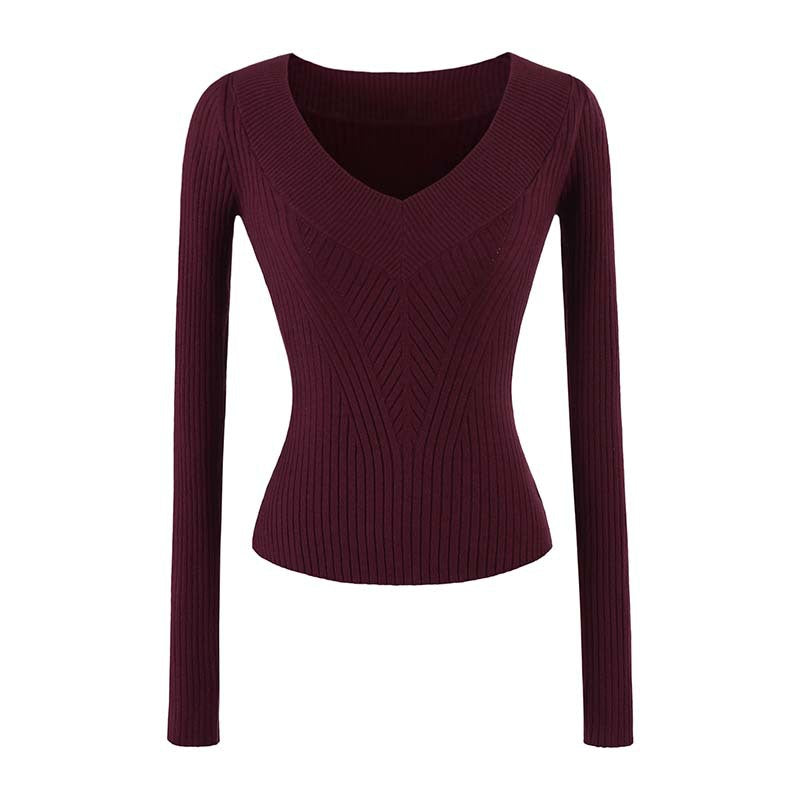 Damen Taillierter Rippstrick-Pullover mit V-Ausschnitt und formgebender Struktur Drune