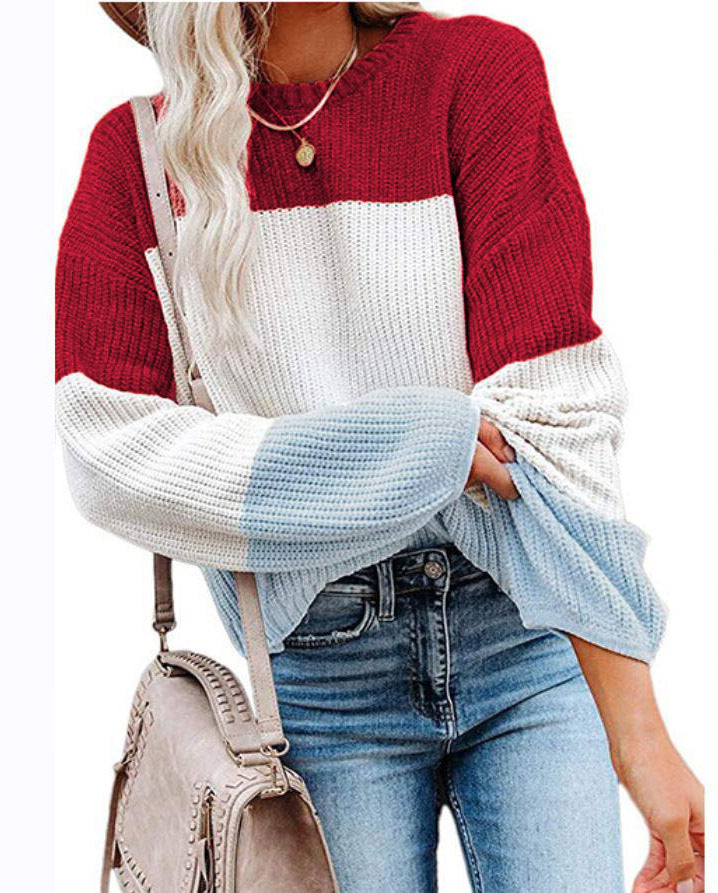 Damen Oversize Colorblock Strickpullover mit Ballonärmeln Drune