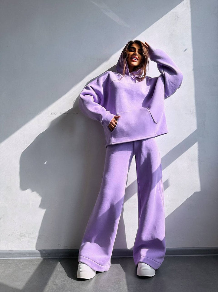 Damen Scuba-Fleece Lounge-Set mit Oversize-Kapuzenpullover und weiter Flare-Hose Drune