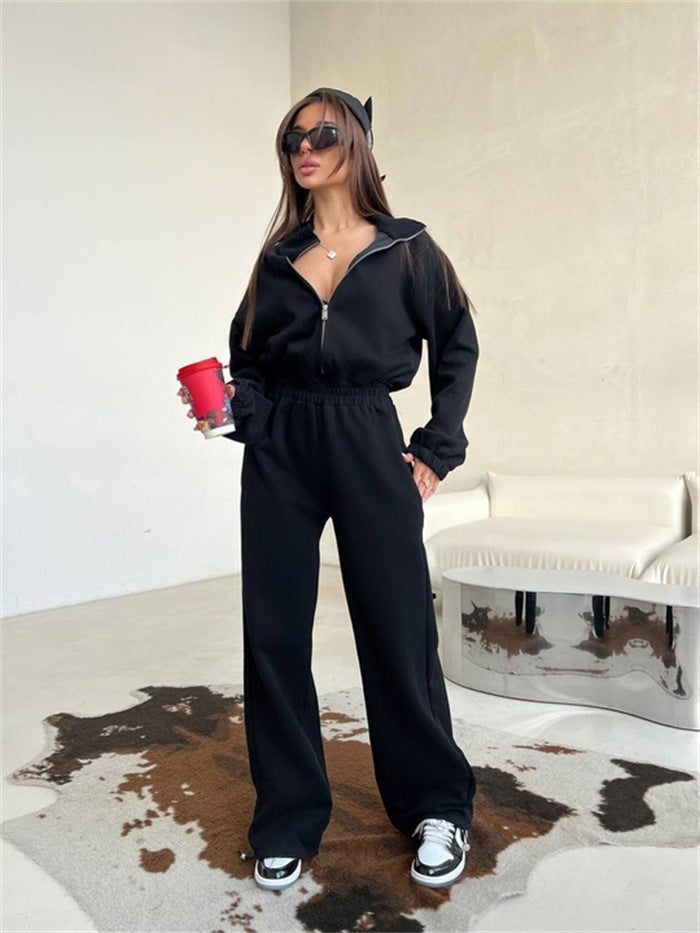 Damen Relaxed-Loungewear-Set mit Halbzip-Stehkragen und hochtaillierter Weitbein-Jogginghose Drune