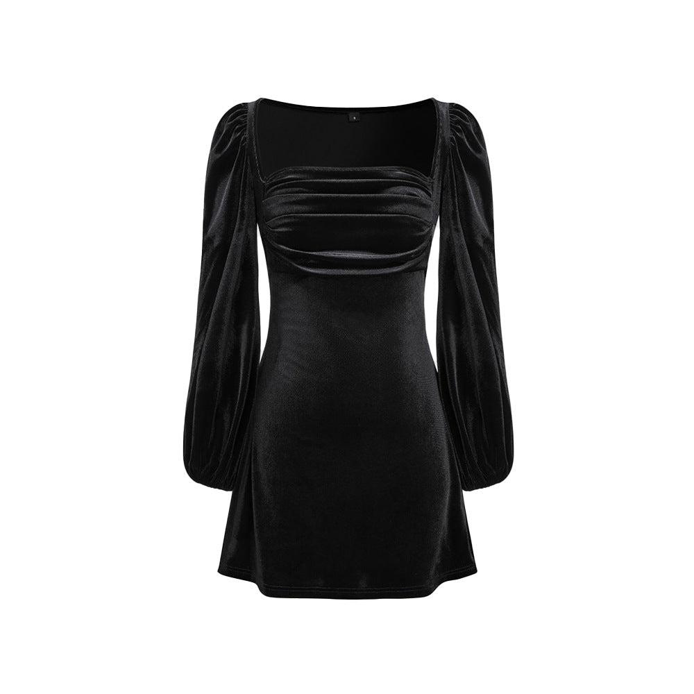 Damen Samt-Minikleid mit quadratischem Ausschnitt gerafftem Bustier und Ballonärmeln Drune