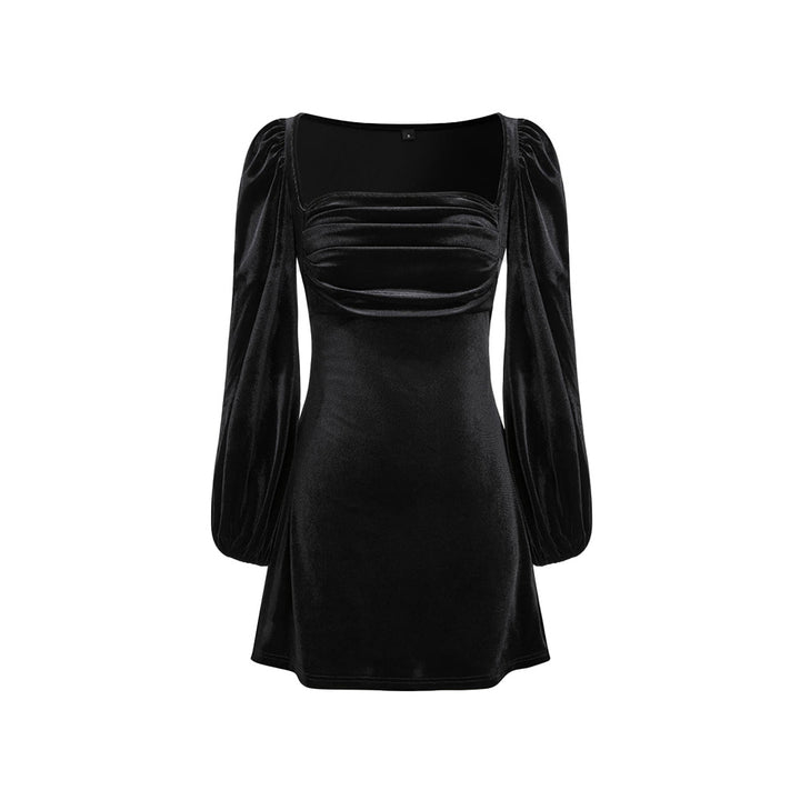 Damen Samt-Minikleid mit quadratischem Ausschnitt gerafftem Bustier und Ballonärmeln Drune