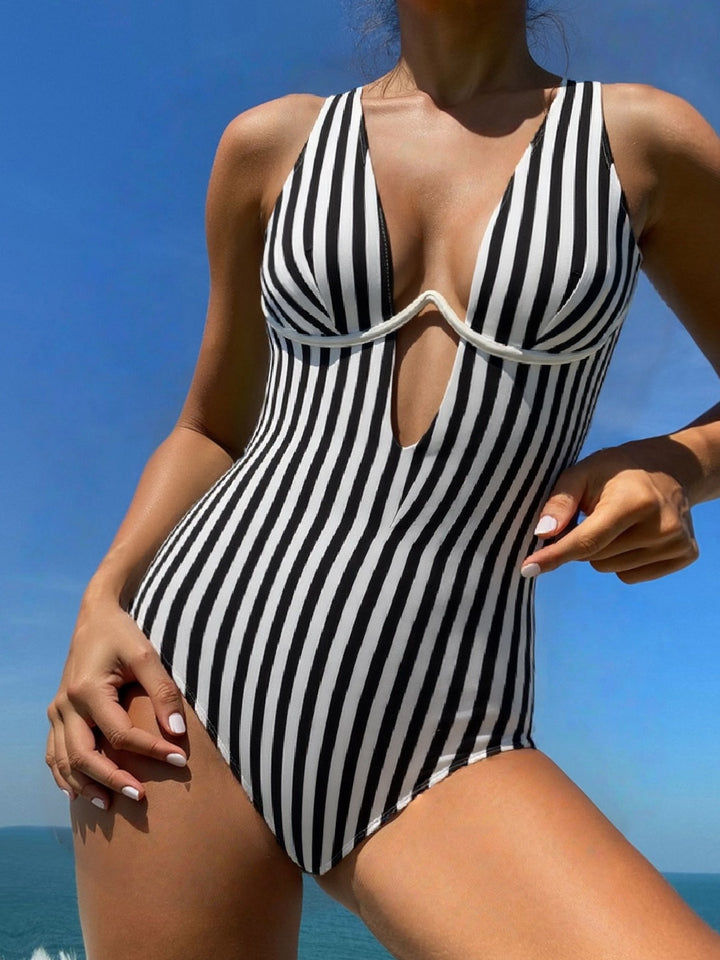 Damen Einteiliger Badeanzug mit tiefem V-Ausschnitt und eleganten Streifen Drune