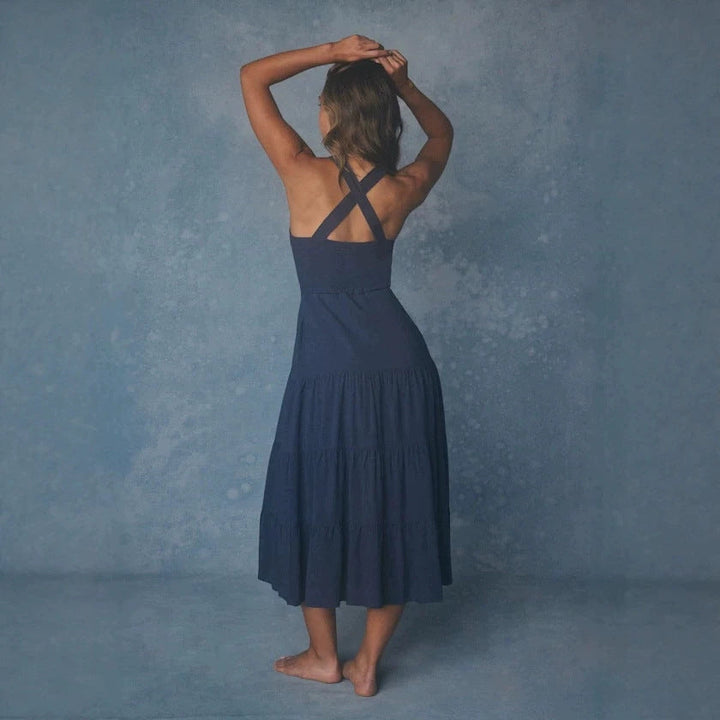 Damen Maxikleid mit nostalgischem Knopfverschluss und verstellbaren Trägern Drune