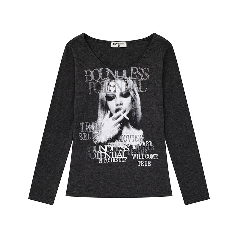 Damen Longsleeve-Shirt mit Fotoprint und Nietenapplikation Drune