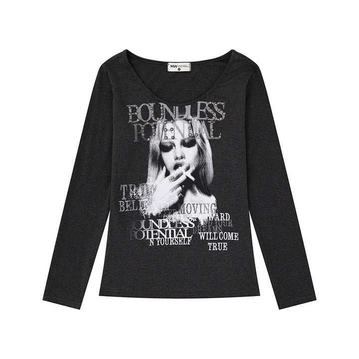 Damen Longsleeve-Shirt mit Fotoprint und Nietenapplikation Drune