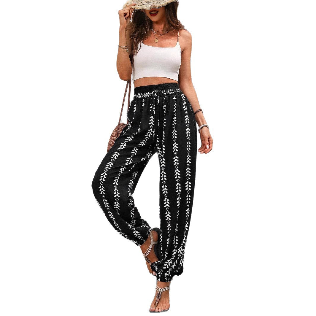 Damen Locker geschnittene Leinenoptik-Hose mit Smokbund, Kordelzug und Ethno-Print Drune