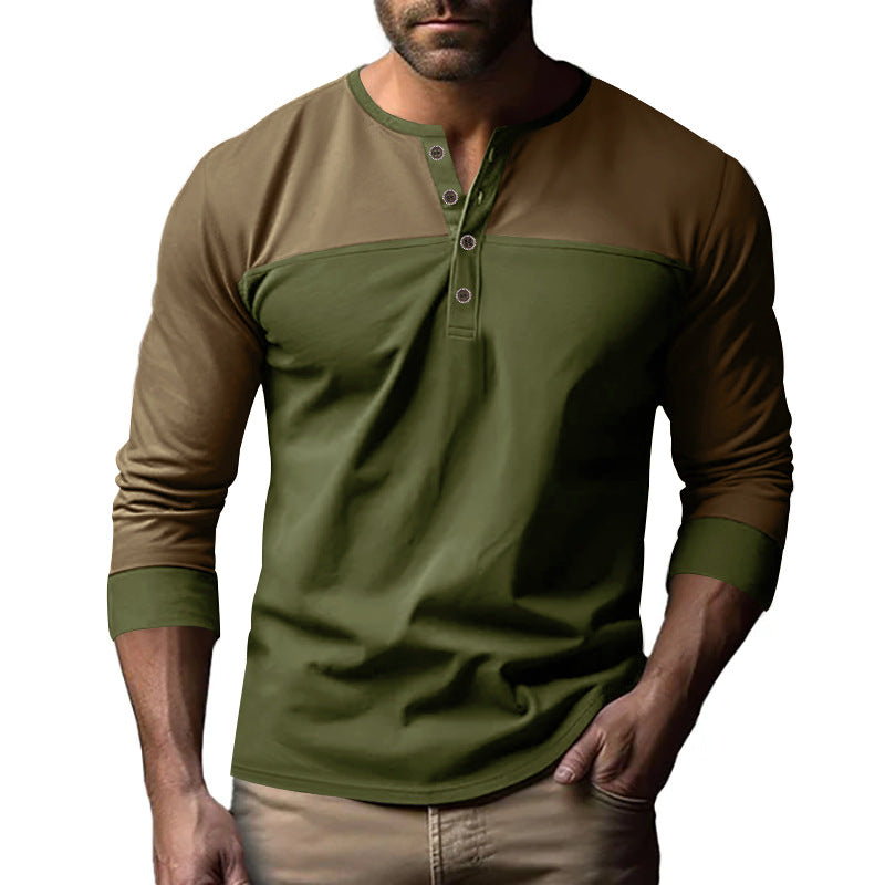 Herren Modernes Henley-Shirt mit Farbblock-Schulterpartie und Halbknopfleiste Drune