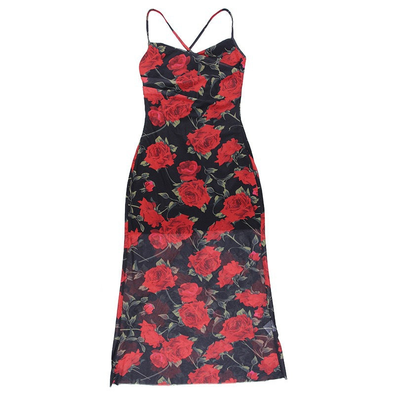Damen Elegantes Blumenmuster-Maxikleid mit schmalen Trägern und gerafftem Oberteil Drune