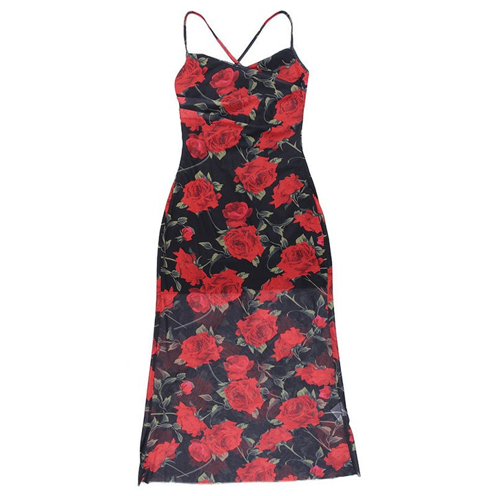 Damen Elegantes Blumenmuster-Maxikleid mit schmalen Trägern und gerafftem Oberteil Drune