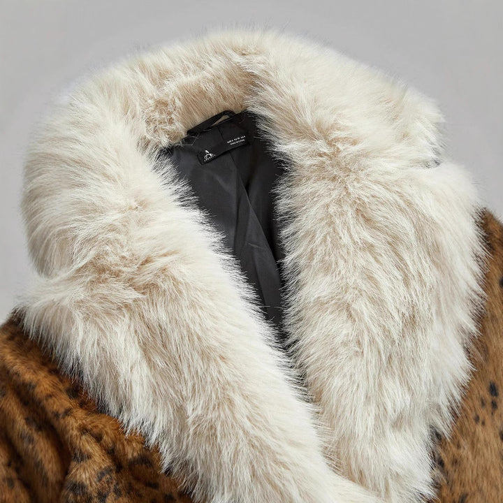 Damen Midilanger Kunstpelzmantel im Animal-Look mit abgesetztem Langhaar-Kragen und Manschetten Drune