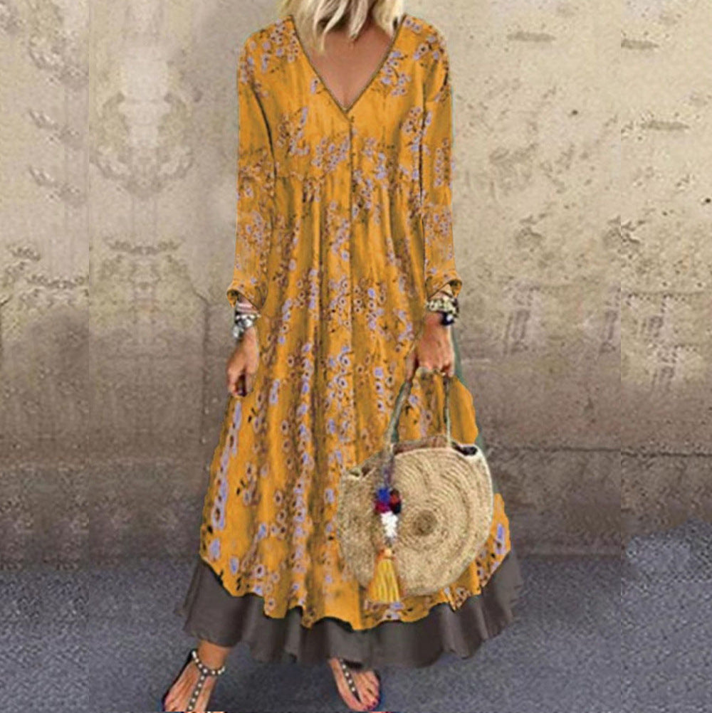 Damen blumiges Maxikleid mit weitem Schnitt und V-Ausschnitt Drune