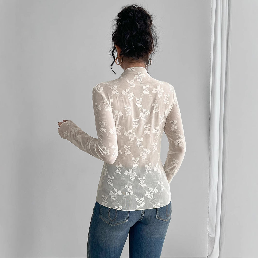 Damen nan figurbetontes durchsichtiges Langarmtop aus Netzstoff mit floraler Stickerei und Stehkragen Drune