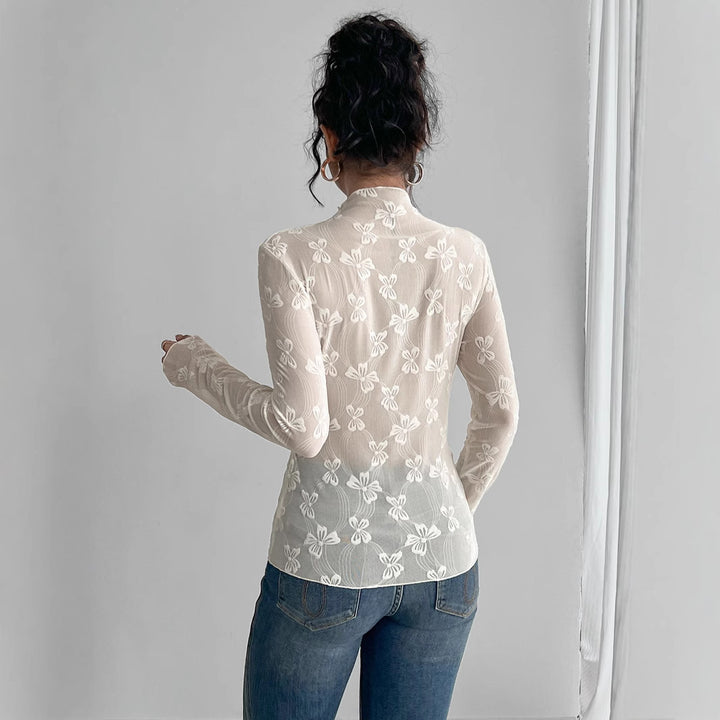 Damen nan figurbetontes durchsichtiges Langarmtop aus Netzstoff mit floraler Stickerei und Stehkragen Drune