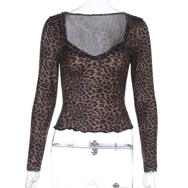 Damen elegantes Leopardenmuster Langarmoberteil Drune