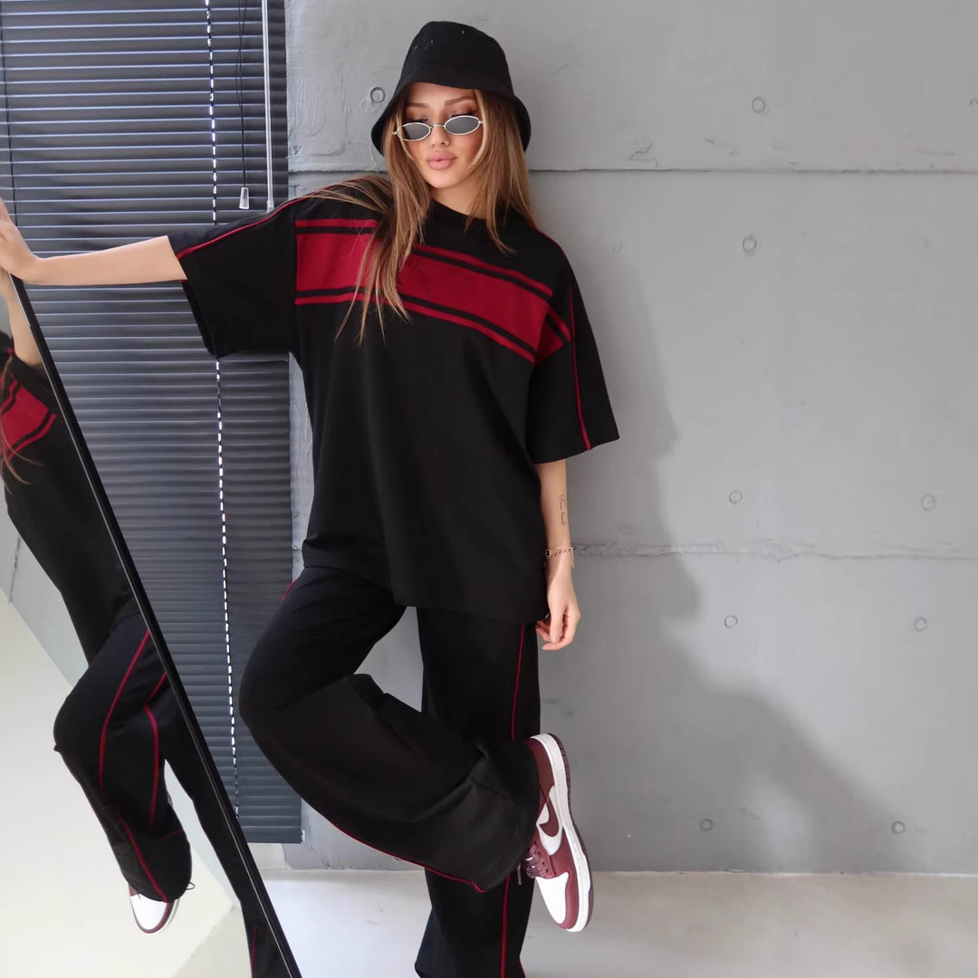 Damen stylisches Sportanzug-Set mit weitem Schnitt und kontrastierenden Streifen