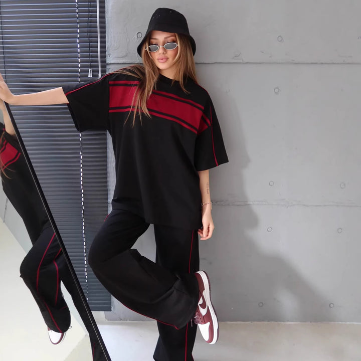 Damen stylisches Sportanzug-Set mit weitem Schnitt und kontrastierenden Streifen