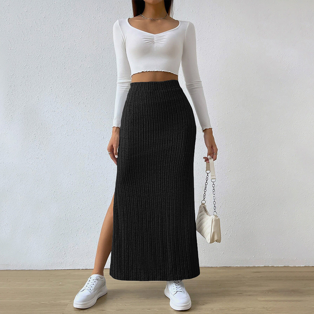 Damen gerippter Maxi-Rock mit hohem Bund, taillierter Stretchpassform und schmeichelnder Längsrippe Drune