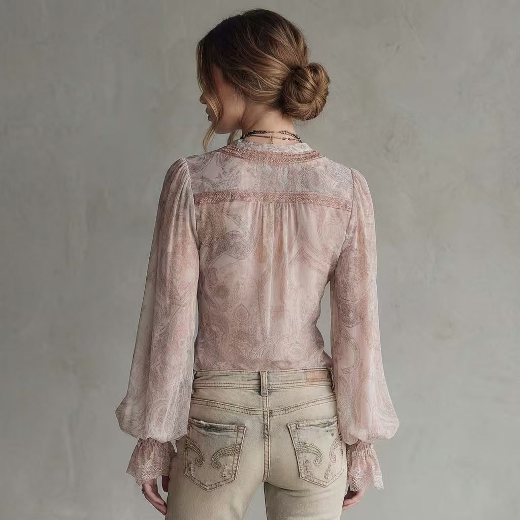 Damen transparente Bluse mit voluminösen Ärmeln und modernem Muster Drune
