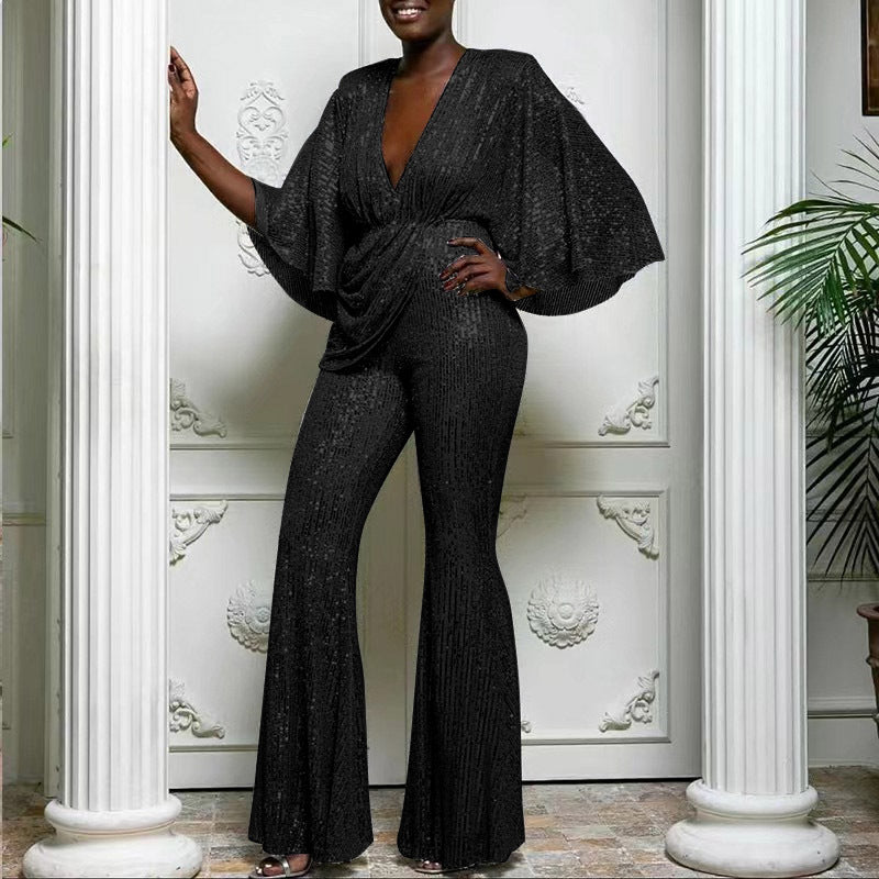 Damen Glitzerndes Jumpsuit mit weiterem Ärmel und tiefem V-Ausschnitt Drune