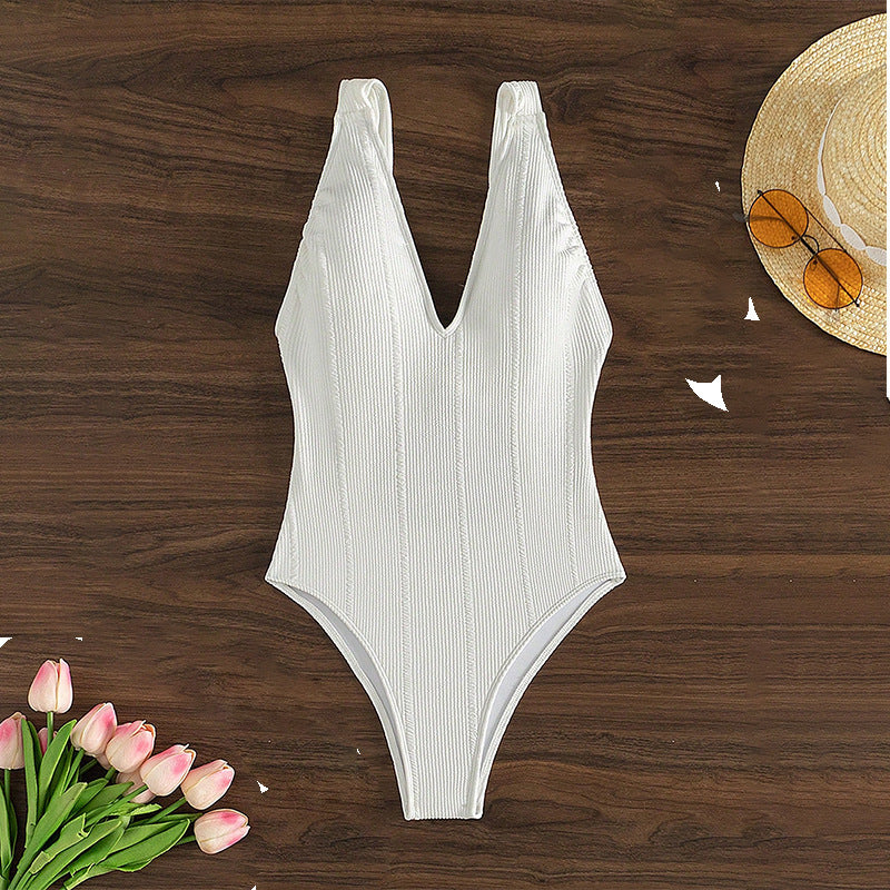 Damen Einteiliger Badeanzug mit tiefem V-Ausschnitt und strukturiertem Design Drune
