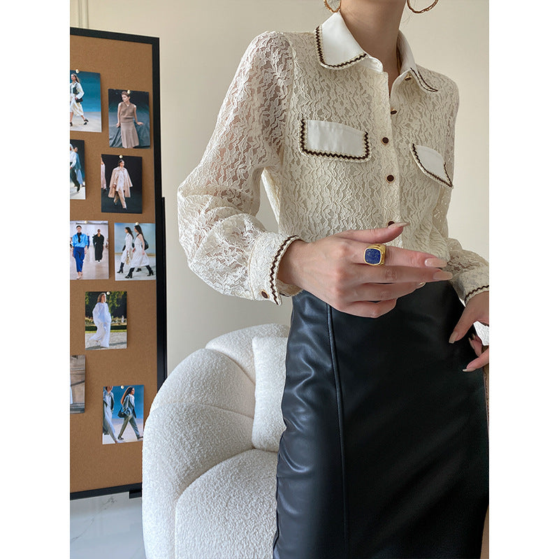 Damen Elegante Spitzenbluse mit Kontrastdetails Drune