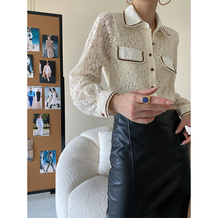 Damen Elegante Spitzenbluse mit Kontrastdetails Drune