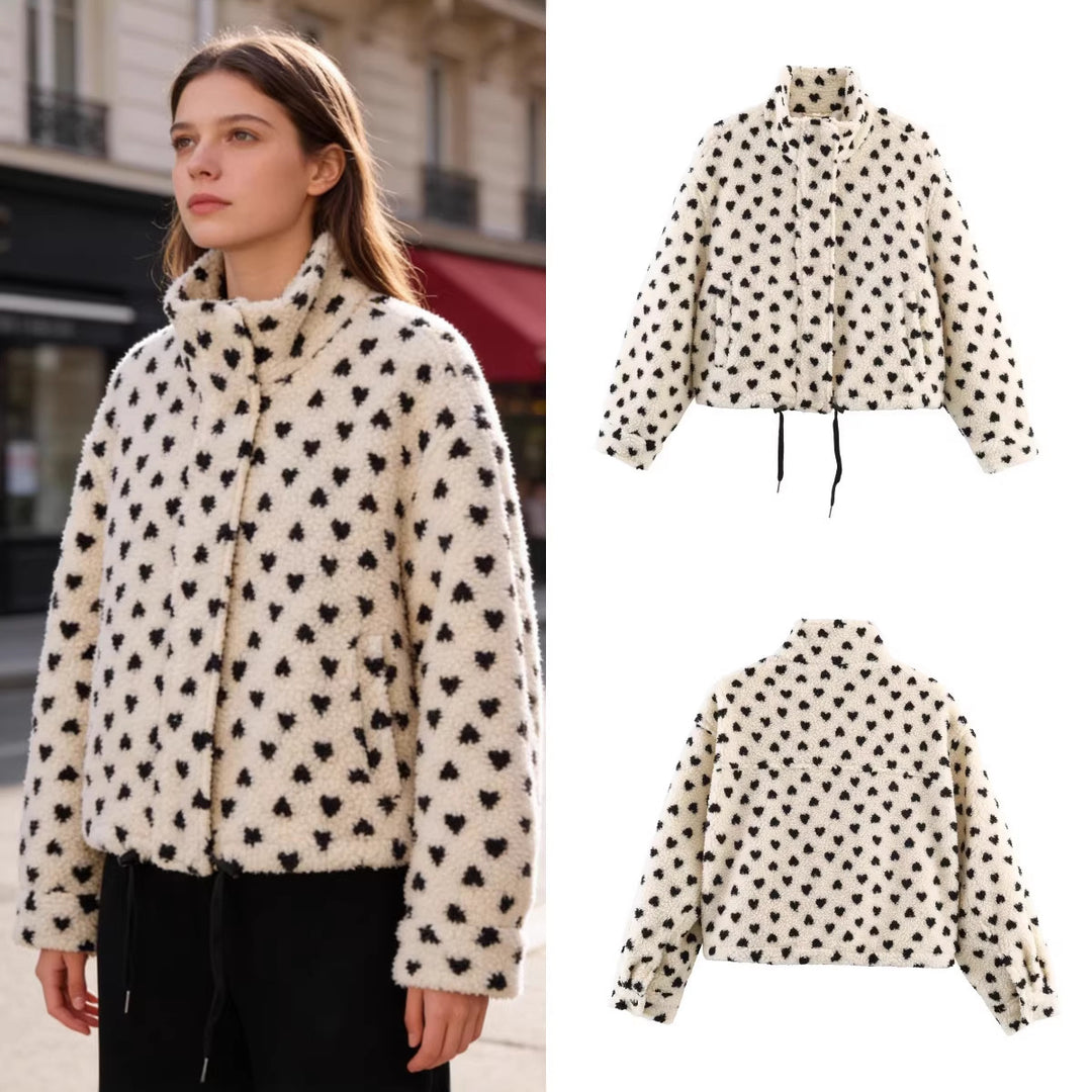 Damen Gefütterte Teddyjacke mit Herzchen-Allover, Stehkragen und Tunnelzug Drune