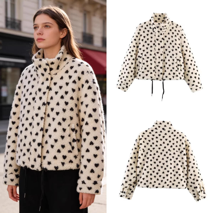 Damen Gefütterte Teddyjacke mit Herzchen-Allover, Stehkragen und Tunnelzug Drune