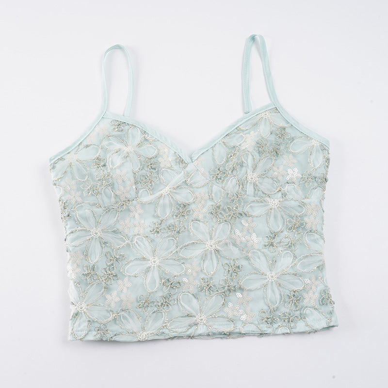 Damen Spaghettiträgertop mit floralen Stickereien und Lurex-Akzenten Drune