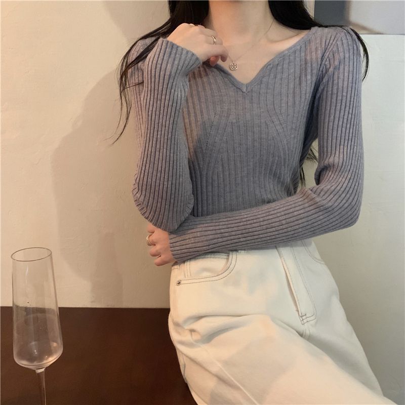 Damen V-förmiger Feinstrickpullover mit Rippstruktur Drune