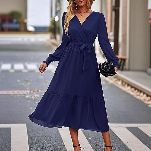 Damen Midi-Kleid mit elegantem V-Ausschnitt und Bindegürtel Drune