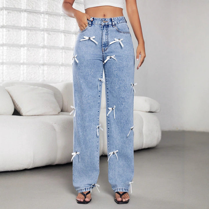 Damen weite Jeans mit dekorativen Schleifen und Knopfdetails Drune