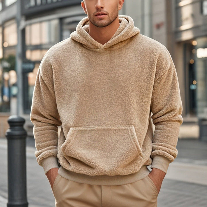 Herren Hoodie aus kuscheligem Teddy-Fleece mit Kängurutasche und breiten Bündchen Drune