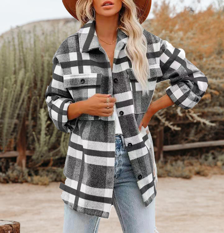 Damen Lässige Karierte Overshirt Jacke Drune