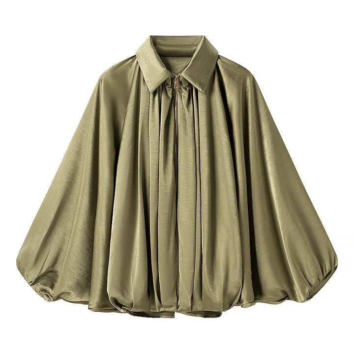 Damen nan weite Satin-Cape-Bluse mit Hemdkragen, zentralem Reißverschluss und ballonärmeln Drune