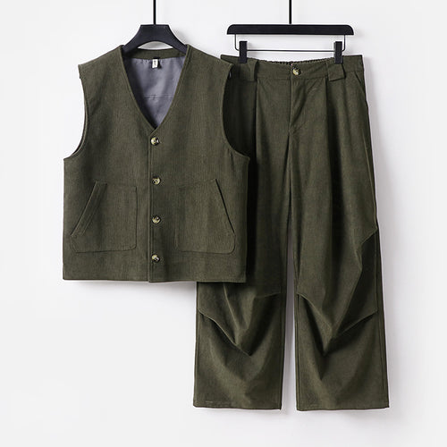 Herren Cord-Loungewear-Set mit V-Ausschnitt Weste und weiten Bundfaltenhose Drune