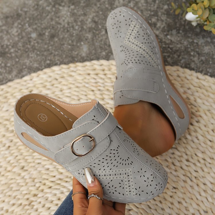 Damen Atmungsaktive Lederimitat-Mules mit ergonomischem Komfortfußbett und Zierschnitt Drune