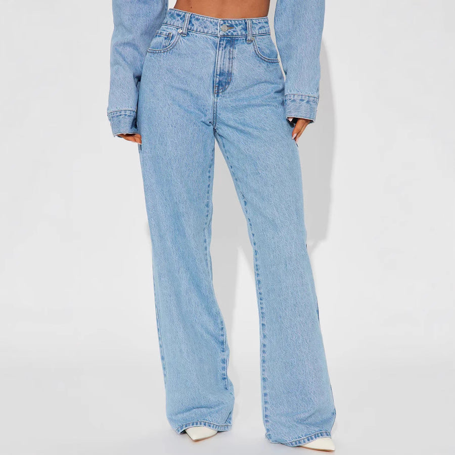 Damen nan hochgeschnittene Weitbein-Jeans mit taillierendem Bund, klassischem Five‑Pocket‑Schnitt und fließendem Bein Drune