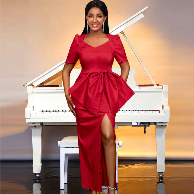 Damen Maxikleid mit eleganter Drapierung und voluminösem Rock Drune