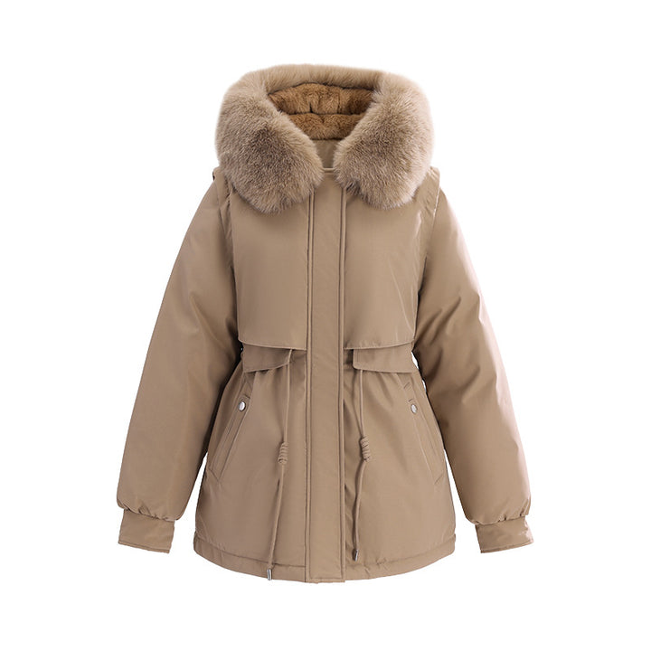 Damen nan kurzer urbaner Thermoparka mit luxuriösem abnehmbarem Pelzkragen und multifunktionalen Taschen Drune