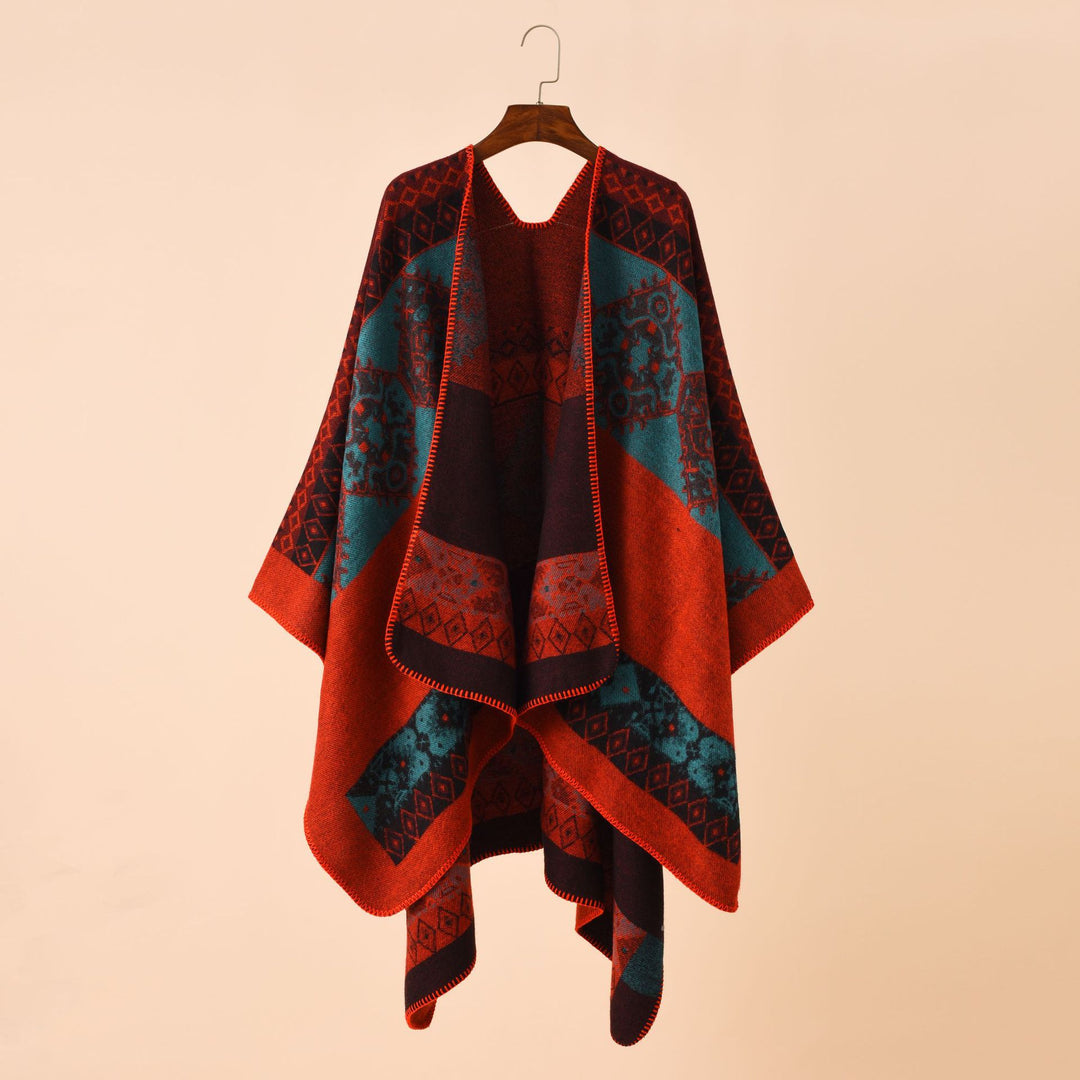 Damen Strickponcho im Paisley-Jacquard mit offener Vorderseite Drune